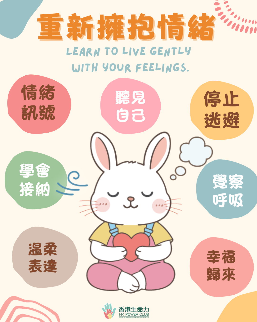 香港生命力重新擁抱情緒心理健康宣傳，情緒調適與自我接納心理關懷海報 香港心理健康情緒調適指南，覺察呼吸、學會接納，溫柔表達自我情緒 香港生命力心理健康服務，情緒訊號與壓力調適，幫助市民擁抱正向情緒 香港社區心理健康推廣，重新擁抱情緒，學會溫柔與自己的感受共處 香港情緒管理心理宣傳，停止逃避、聽見自己，香港生命力心理健康活動